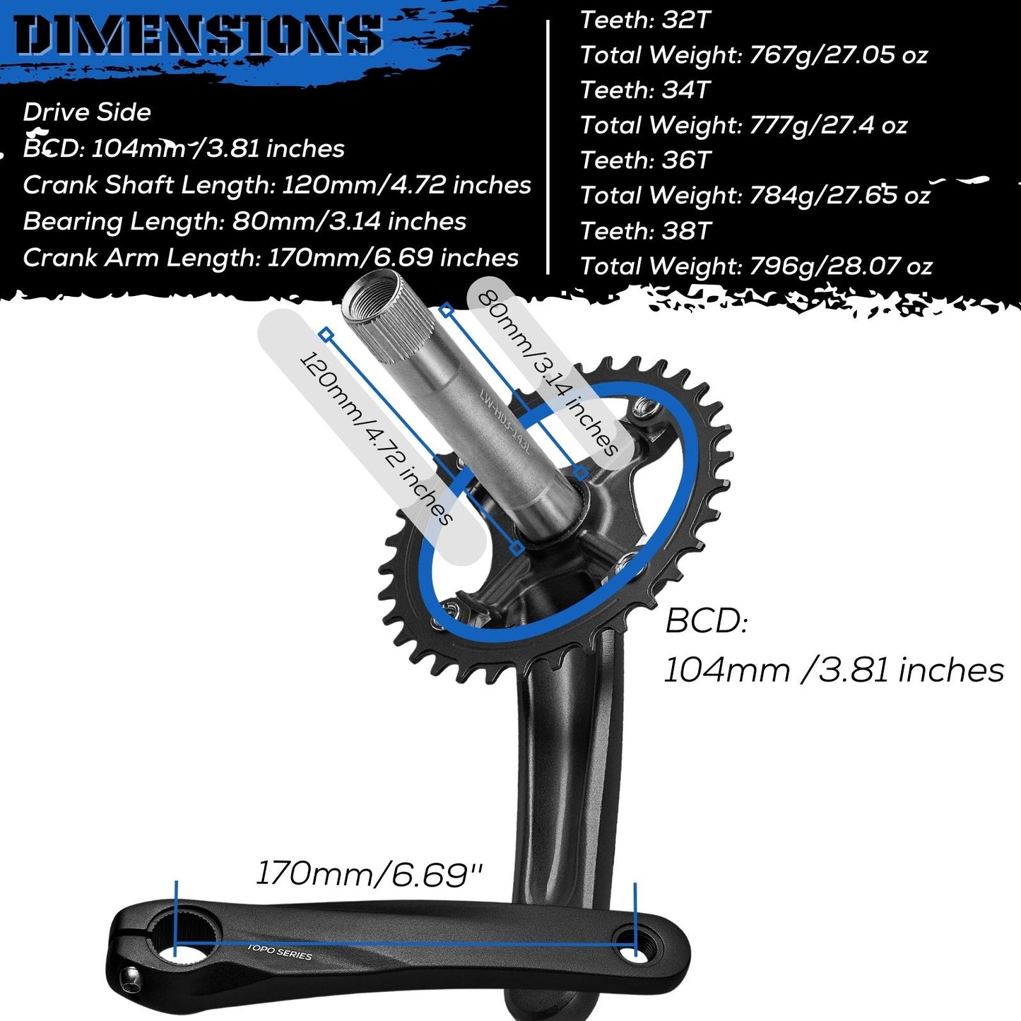 TOPO 170mm Complete Crankset - 32T/34T/36T/38T - Corki Cycles